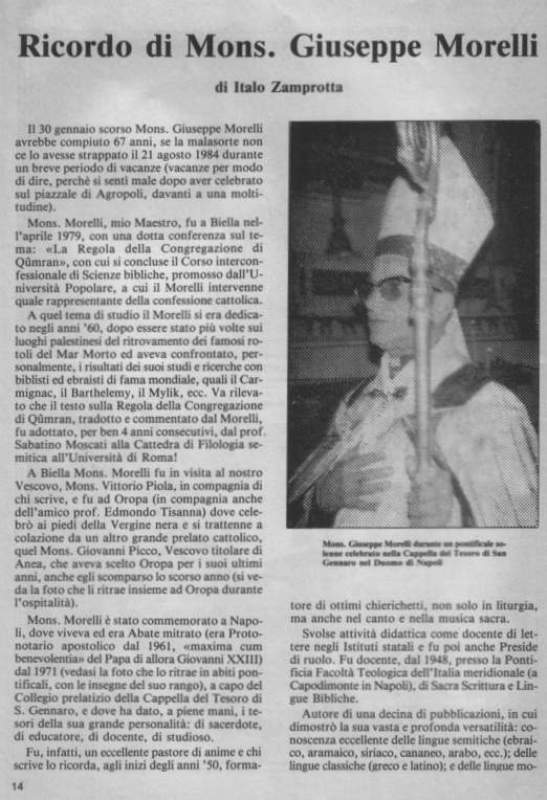 9.0 Biografia Mons Prof. Giuseppe Morelli (1918 - 1984) -   - Italo Zamprotta il promotore delle Università Popolari  di Biella